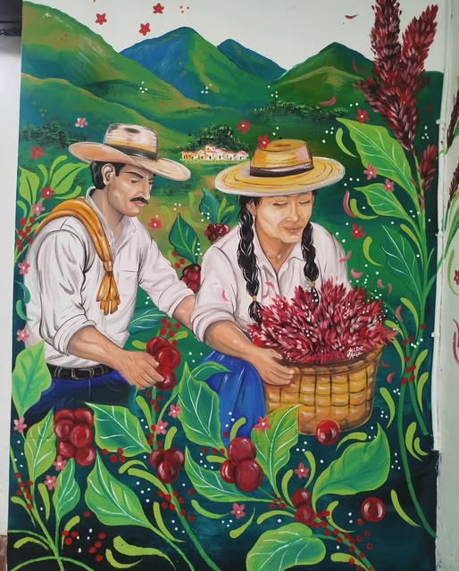 Mural de una pareja de campesinos recolectando café entre flores