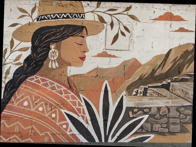 Mural en tonos tierra de una mujer con sombrero y aretes, con montañas al fondo